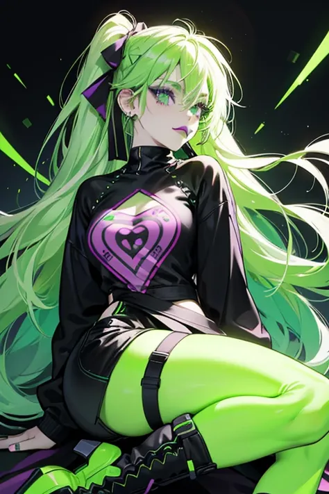 Harley has pastel green skin and neon green straight hair with rows of green and black braids, her eyes are both different shades of mystic purple color. Her makeup comprises of neon green also white graphic eyeliner and black shiny lipstick. Harley’s firs...