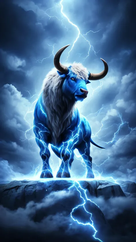 a blue bull，With big horns，Standing on a rock under a cloudy sky, bison god, Golden Taurus, similar to a bulls, Taurus zodiac symbol, moon bull samurai, Minotaur, blue lightning, Golden Taurus, tauren, a minotaur wolf, Minotaur on the road, cyan lightning,...