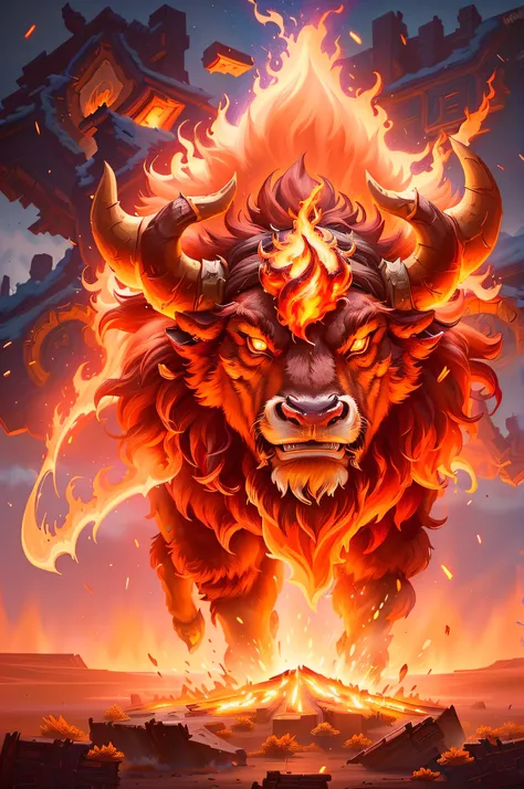 A fire bull with horns and a red face, bison god, Hearthstone Card Art, Hearthstone Card Art, hearthstone art, Hearthstone Artwork, hearthstone splash art, Hearthstone Official Splash Art, Hearthstone card game artwork, Hearthstone card game artwork. ”, Go...