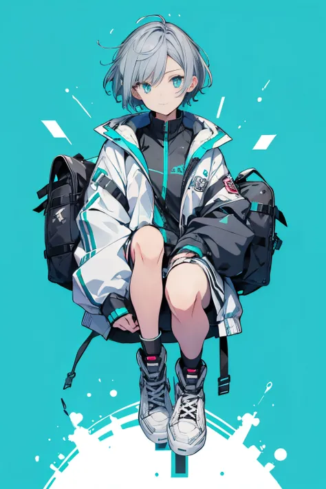 (masutepiece:1.2, Best Quality),  [1 girl in, expressioness, Turquoise eyes, gray hair, half short cut hair,White Jacket,jacket comes off, leaning forward hands on knees ,Upper body]