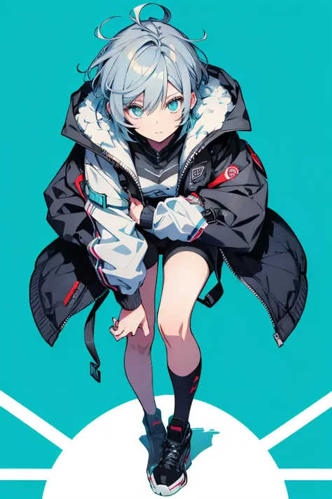 (masutepiece:1.2, Best Quality),  [1 girl in, expressioness, Turquoise eyes, gray hair, half short cut hair,White Jacket,jacket comes off, leaning forward hands on knees ,Upper body]