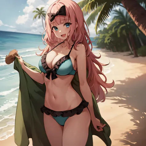 2d, masterpiece, best quality, anime, highly detailed, cowboy shot, 1girl, solo, fujiwara chika, pink hair, blue eyes, green bikini, frilled bikini, [bikini skirt], hair bow, black bow, large breasts, beach, island, palm tree, waves, towel, :d