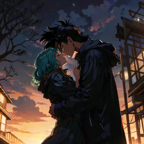 Imagem estilo Akira Toryama, melhor qualidade, rosto perfeito, couple hugging with eyes closed and faces close, romantic scene