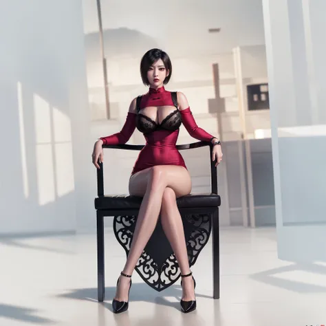 Red cheongsam，A woman sits in a chair,Red clothes， wearing red cheongsam, Silk fabric,Wang Aida&#39;Elegant pattern best quality, 4K, 8K, A high resolution, tmasterpiece:1.2), Flowing skirt, high-heels, ultra - detailed, (actual, realistically, realistical...