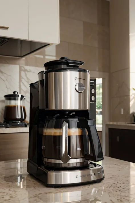 "Develop a visual representation of a luxury coffee maker, primorosamente projetada para uma cozinha elegante. A cafeteira deve ser moderna e sofisticada, com um design que reflita funcionalidade e beleza. Os detalhes devem ser extremamente realistas, dest...