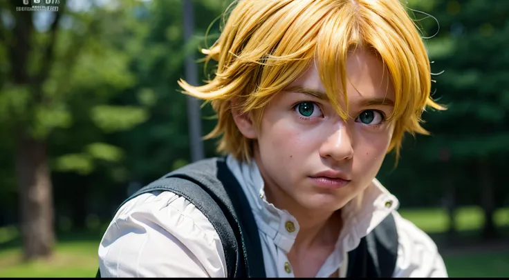 masterpiece, best quality, ultra-detailed, illustration, 1boy, solo, male focus, looking at viewer, upper body, depth of field, meliodas_nanatsu_no_taizai, , blonde hair, green eyes, long sleeves