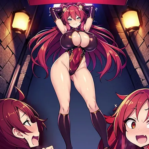 Gigantic breasts, skinny, anime girl, long wavy heir style, red hair, full body,, boobs uncovered, stripping