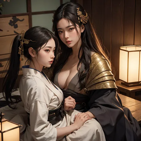 Large-scale, Realistic, ultra-detailliert, 1:5, Four months, A new legendary era, concept-art、a couple、ancientry、❴Samurai man and ninja woman❵、lovemaking、(two beautiful faces)、Japanese-style atmosphere、jpn、Beautiful depiction、dramatic compositions、A depict...