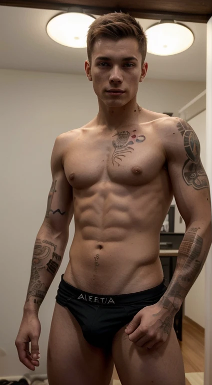 Atreus , 18yr old , altura 1.90 , muscular complexion, hombros anchos, cuerpo en v, tatuajes runicos