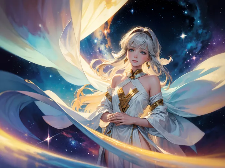 Paint a watercolor scene capturing the ethereal beauty of space, with the Enterprise NCC-1701-D gracefully exploring distant galaxies. Reference the soft and dreamy watercolor style of artists like Alphonse Mucha.