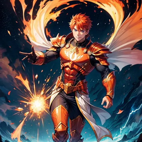 Master piece, 8k, ultra detailed, red armor, fire opal encrusted, muscular man, orange hair, blue eyes, confident smile, full body frame, vulcan eruption and blue lightnings blue light background