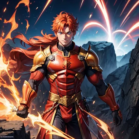 Master piece, 8k, ultra detailed, red armor, fire opal encrusted, muscular man, orange hair, blue eyes, confident smile, full body frame, vulcan eruption and blue lightnings blue light background