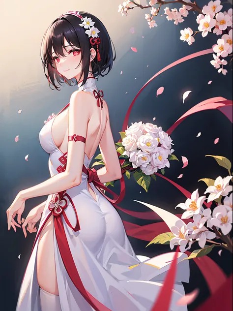 A woman with short black hair and pink-red eyes..........Wearing a white Chinese dress........ Slim profile, Fair-skinned, large boobs, He blushed slightly.........., Close your eyes and smile brightly............On Mobile, white flower