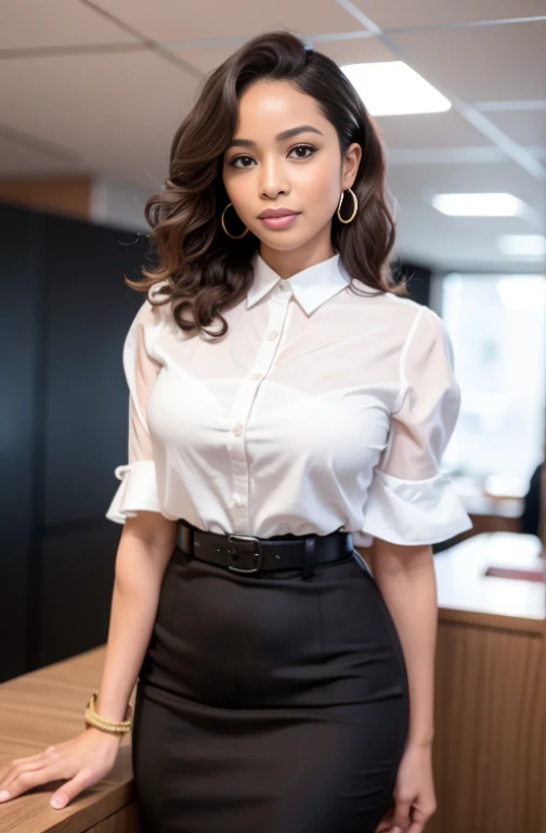 ma mulher com um corpo ideal com 35 anos, curly hair, Brown skin,1 mulher CEO de uma Empresa de sucesso , sozinho, separated-lips, office lady, business attire, fundo branco, arms behind her head, lado olhando para a plateia, sorrindo,