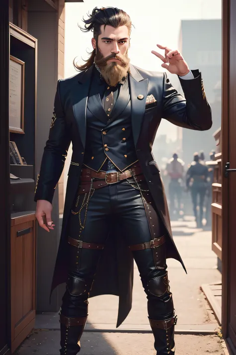 He is a futuristic western man who is sexy and popular with women all over the world。。.。.。His charm point is his wild beard, eyes gentle, and a beautiful voice.。Please generate a full-body frontal image