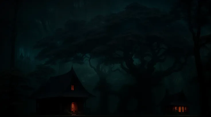 uma cena noturna azul escura com uma casa assustadora no meio da floresta, dark fantasy setting, tree house, Floresta Assombrada, assombroso e assustador, Casa de bruxa na floresta, atmosfera assustadora e assustadora, A casa na floresta, creepy and dramat...