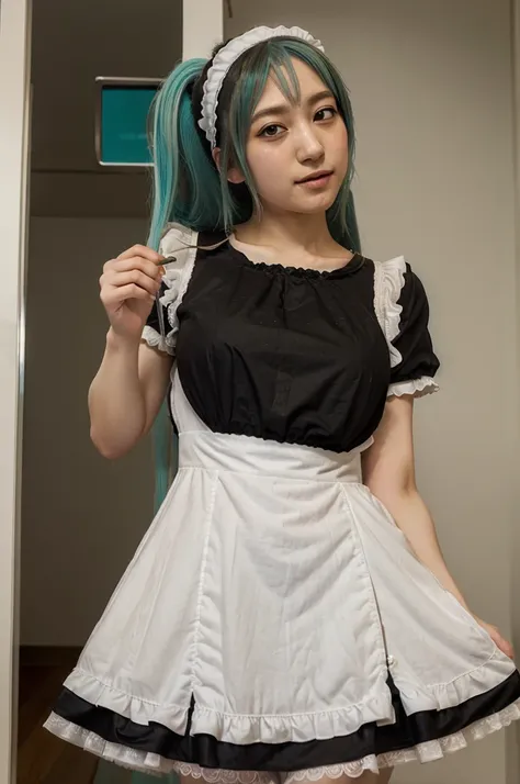 (((maid clothes)))), (((big)))), drunken eyes, Hatsune Miku,