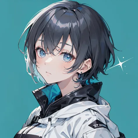 (masutepiece:1.2, Best Quality),  [1 girl in, expressioness, Turquoise eyes, Slate-gray hair, half short cut hair,White Jacket,jacket comes off, ] (Gray white background:1.7),