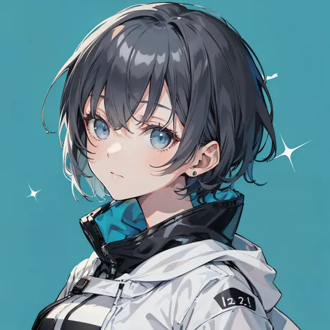 (masutepiece:1.2, Best Quality),  [1 girl in, expressioness, Turquoise eyes, Slate-gray hair, half short cut hair,White Jacket,jacket comes off, ] (Gray white background:1.7),