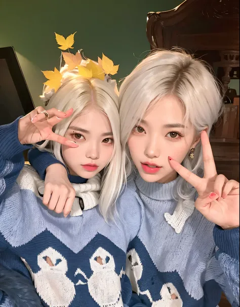 Two women in sweaters posing for a photo with their fingers up., Kim Doyoung, KDA y Sam Yang, ulzzang, con pelo largo blanco, Nixeu y Sakimichan, 8k)), con el pelo largo y blanco, 🍁 Lindo, frio como ! 🧊, con pelo blanco corto y ondulado, Pareja encantadora...