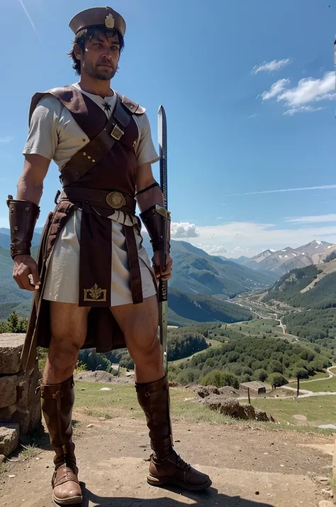 Roman soldier standing, holding a sword high on a mountain, beautiful landscape of a saw.