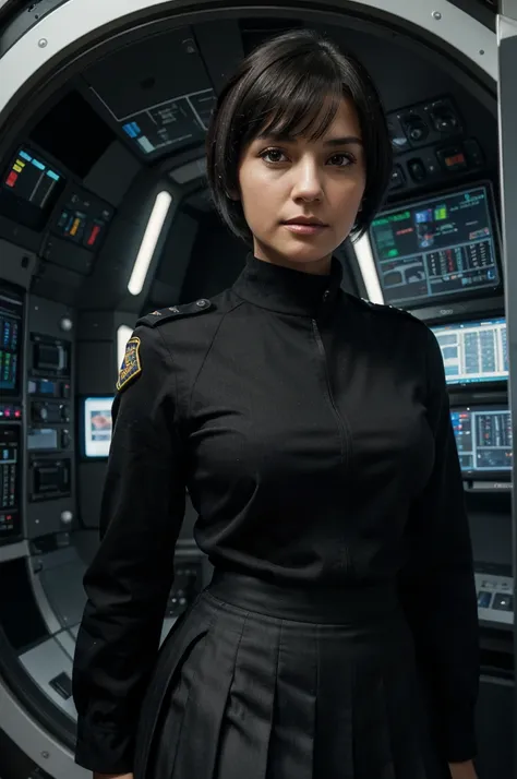 (highest resolution, distinct_image), best quality, masterpiece, highly detailed, semi realistic, a woman with short black hair, mature woman, triple bangs, black uniform, black pleated skirt, military uniform, spaceship space, control room, commander