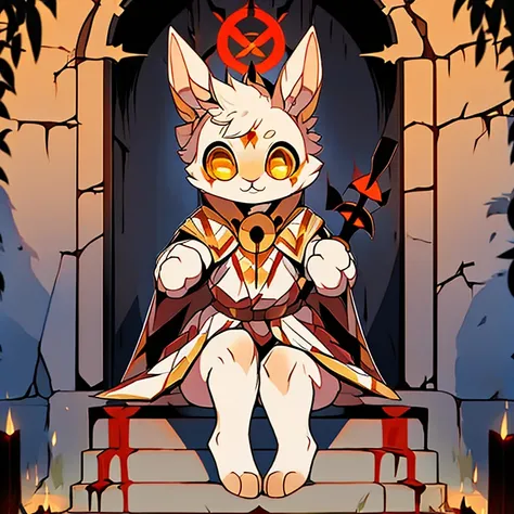 ( white bunny)  guarding a ancient door to the titans ( white cloak with golden that have symbols) ( the door symbol star on the front middle) ( golden eyes)  ) ( female) ( covered in blood) (bunny sitting on stairs with a staff on her hand)