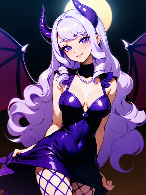 A beautiful and sexy woman with long wavy violet hair, drill curls, side-swept bangs, sharp blue eyes, light skin, smile, wearing a sparkly black dress, fishnet stockings and pearl necklace, theres two black devil horns on her head, and she also has a blac...