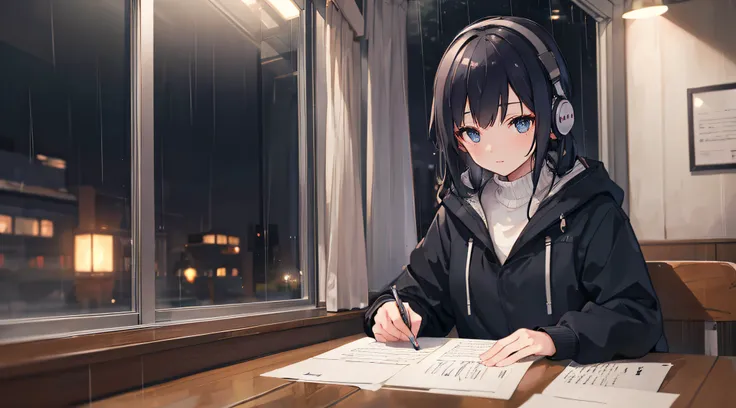 a girl studying in a cafe with headphones on night rain day, looking at her note, writing, calm, chill, rainny day, warm, night, quiet, high res, ultrasharp, 8k, masterpiece