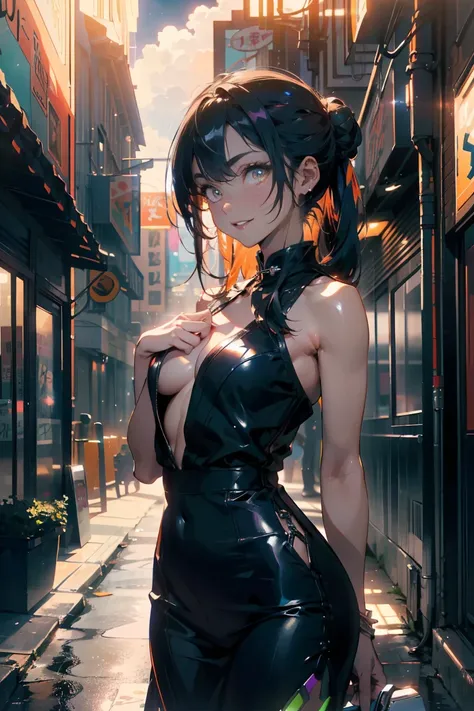 a 20 yo woman、Black blue Hair、poneyTail、Bun hair、Big smile、iridescent eye op fade:1.3)、dark themed、Muted Tones、Subdued Color、highly contrast、qipao dress、(natural skin textures、Hyper-Realism、Soft light、sharp)、tracker man,(((1man))),((anime man with long hai...