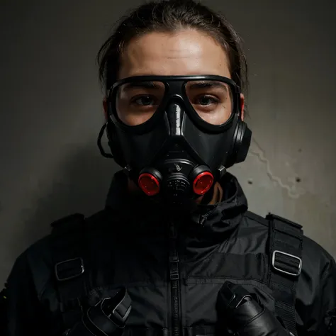 A soldier in black tactical gear wearing a black gas mask that has red tinted goggles pointing at the viewer with his finger.