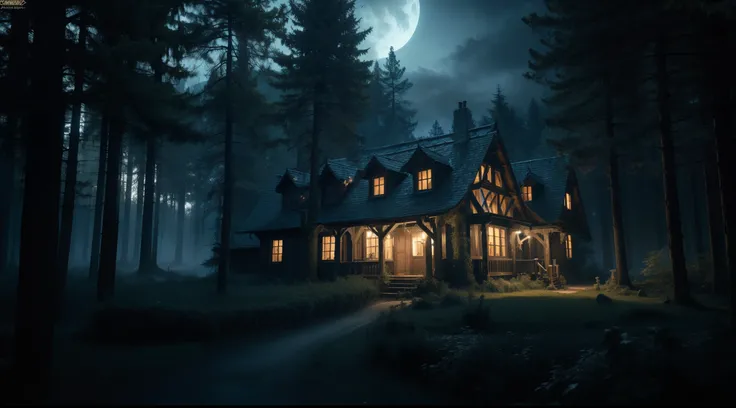 (best quality,4k,8k,highres,masterpiece:1.2),ultra-detailed,(realistic,photorealistic,photo-realistic:1.37),dark blue,night scene,scary haunted house,spooky,creepy,dark fantasy setting,treehouse,Haunted Forest,witchs house in the forest