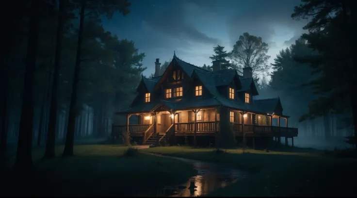 (best quality,4k,8k,highres,masterpiece:1.2),ultra-detailed,(realistic,photorealistic,photo-realistic:1.37),dark blue,night scene,scary haunted house,spooky,creepy,dark fantasy setting,treehouse,Haunted Forest,witchs house in the forest