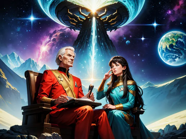 Transform the "Star Trek: The Next Generation" universe into a high-fantasy realm, complete with mythical creatures, enchanted planets, and epic quests. Look to fantasy artists like Roger Dean or Frank Frazetta.