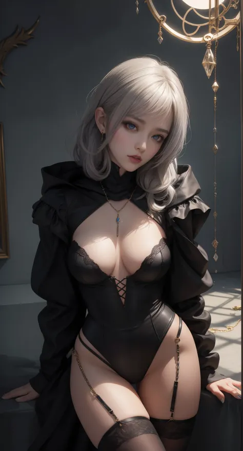 tmasterpiece，Highest image quality，Beautiful bust of a dark elf girl，Dark elf silver short hair style，Transparent gold eyeball chain，锁链，Leather hooded garter stockings，high heels boots，Ultra-detailed details，advanced。At the Pixiv Art Station，Break your own...