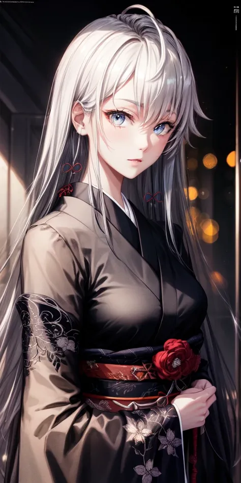 Black hair, hair ornament, (((jet black very long hair))), japanese clothes, professional artwork, Intricate Details, field of view, sharp focus, detailed painting, photorealistic lighting, trending on pixiv, Standing at attention, ((large breasts:1,3)), B...