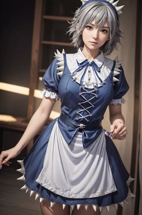 ((16 Nights Sakiya)), ((Touhou Project)), Cosplay, 20-year-old woman, (((gray hair)), ((medium spiky hair)), ((blue maid outfit)), ((white blouse)), midchest, (light)))), (pose))), (photorealistic photo: 1.3), rim lighting, (high detail skin:1.2), 8K UHD, ...