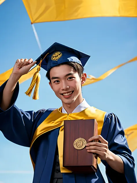 Generate an image of a 20-year-old Vietnamese guy individual wearing a bachelors gown in a vibrant shade of blue, complete with the academic cap. The person should be captured in a studio setting, exuding a scholarly and celebratory atmosphere. Emphasize a...