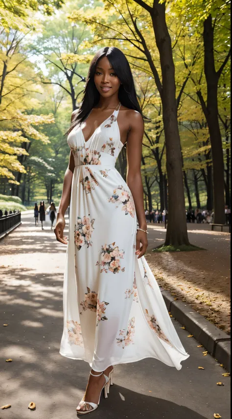 Foto hiperrealista en primer plano de Naomi Campbell, masterpiece, best quality, (photorealistic:1.4), full body,  (white maxi fall loose floral dress:1.1),  heels, in the New York Central Park, sunny day,, cinematic light, beautiful woman, skinny, medium ...