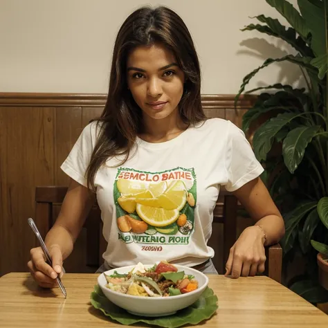 Modelo brasileira, friendly about 20 years ago, academia, lunch, mesa, healthy food, salada, prato, copo de suco, suco de laranja, sentada na mesa, dining table, camisa, blusa