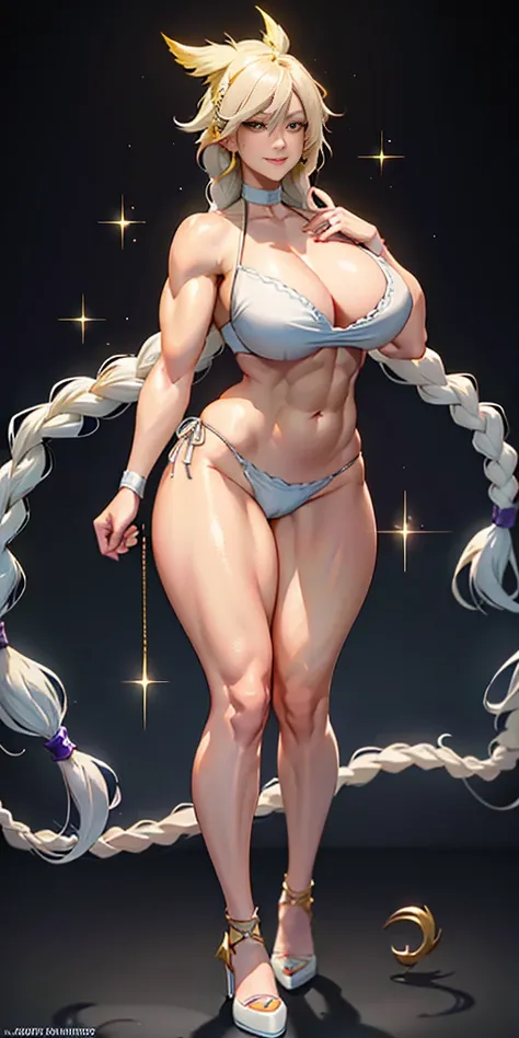 1girl full body standing, nice ass, Hairstyle with a braid, white colored hair, Yellow eyes, perfect lighting, muscular, thights, Mature woman, mummy, bellybutton, Abs, looks at the viewer (tmasterpiece, hiquality: 1.1) ssmile, Extremely huge breasts, Mate...