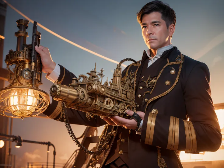 Transform the USS Enterprise NCC-1701-D into a steampunk marvel, featuring intricate gears, brass details, and a Victorian-inspired aesthetic. Reference the steampunk artistry of James Ng or Greg Brotherton.