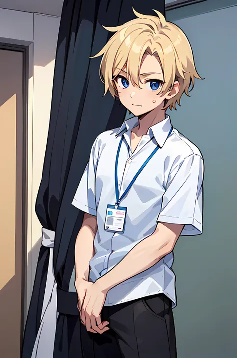 ((best quality)), ((masterpiece)), (high quality:1.1), 1man, solo, (male:2), teenage male, age 15, happy, solo, anime face, (anime:1.2), (detailed eye:1.5), clear eyes, quality eyes, (Untucked Shirt:1.5), student, white school shirt (plain white), short sl...