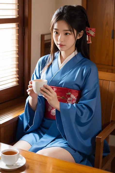 A seventeen-year-old Japanese girl，Wearing a traditional blue kimono，Sitting at the table at home，There  a cup of tea on the table，