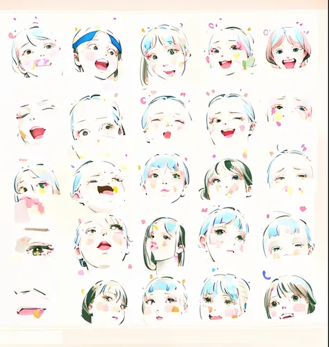 Close-up of a drawing of a face with different expressions, cute faces, adorable expression, Clear and cute face, An expression of happiness, Happy expression, Happy expression, full of expressions, neutral expressions, cute anime face, Enchanted expressio...