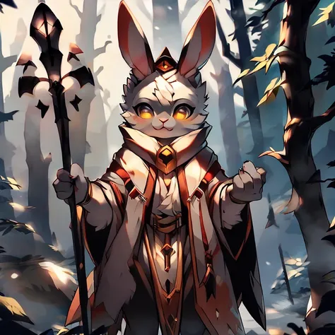 ( female white bunny)  ( white cloak with golden that have symbols)  ( nighttime in the forest cover in snow )  ( holding a staff)