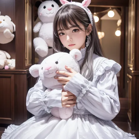 animesque,{masutepiece}, {High quality} ,{Highly detailed},1girl in, Solo, Long hair, Looking at Viewer, blush, Bangs, Silver eyes, Silver hair, Long sleeves, Dress, Holding, Sitting, Closed mouth, frilld, stuffed toy, stuffed animal, Seiza,stuffed dragon,...