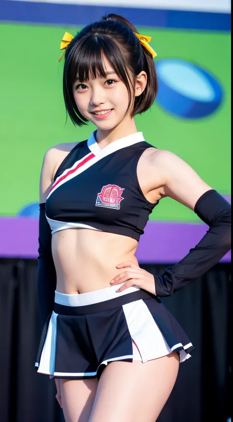 Best Quality, master piece, ultra high resolution, (Photorealsitic:1.4), Raw photo, Extremely-Details, Perfect-Anatomy, 1girl, 12 years old, the most popular Japanese idol, wearing colorful-cheerleader-costume with cute design, dancing on school festival o...