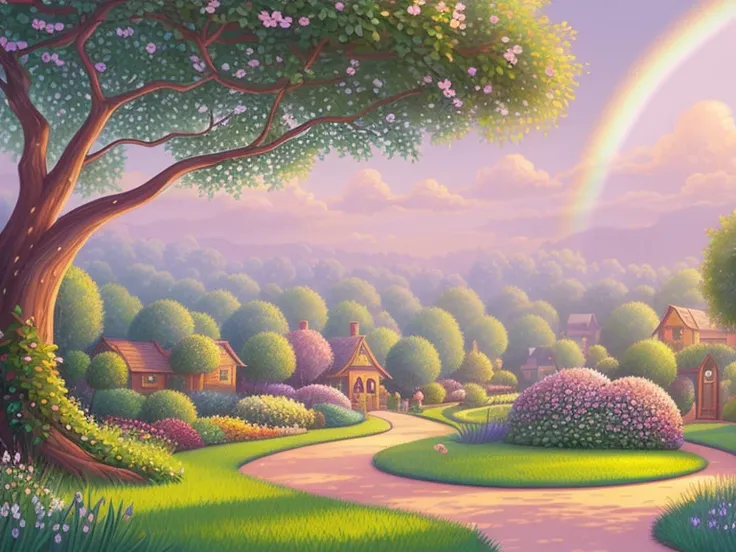 very cute illustration for a childrens picture book，Rainbow Grass and Miracle Vines blossomed, making the Dreamys garden more wonderful.，Muted or Subdued Illustration Styles， Digital Painting， by Pixar style