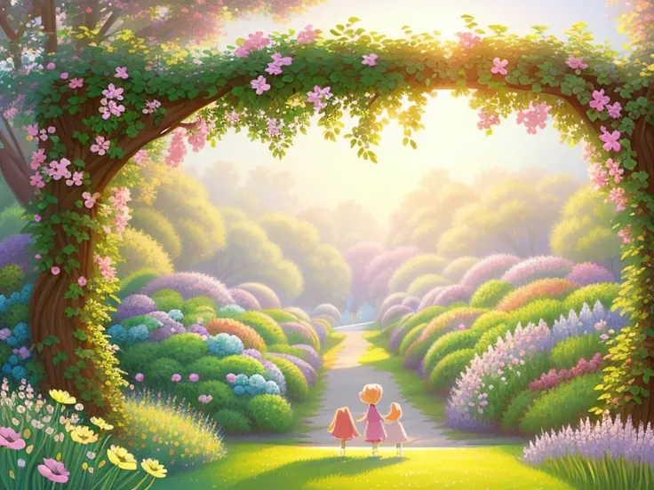 very cute illustration for a childrens picture book，Rainbow Grass and Miracle Vines blossomed, making the Dreamys garden more wonderful.，Muted or Subdued Illustration Styles， Digital Painting， by Pixar style